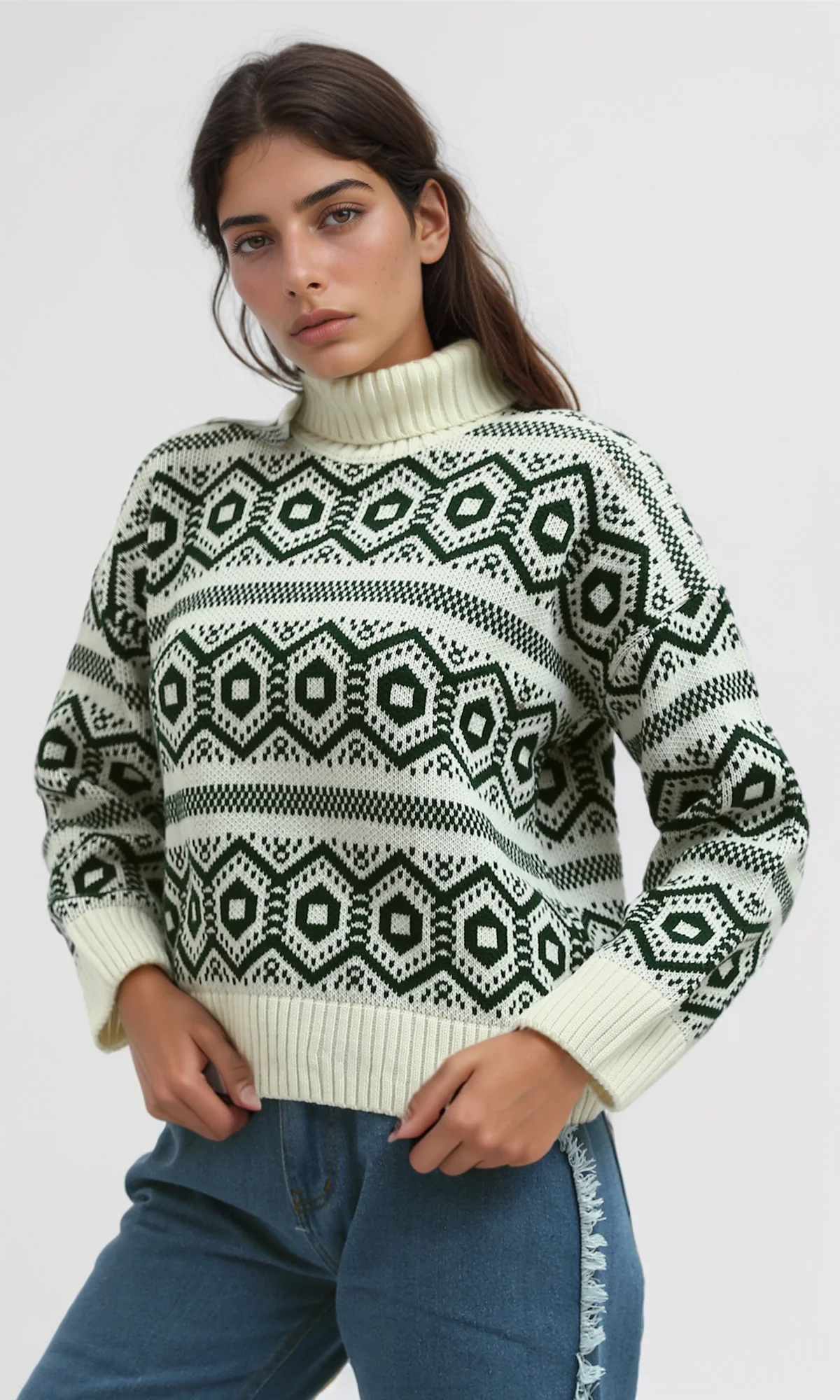 O193357 - Fully Fashioned Turtle Neck Pullover Sweater - Off-White - Image 2
