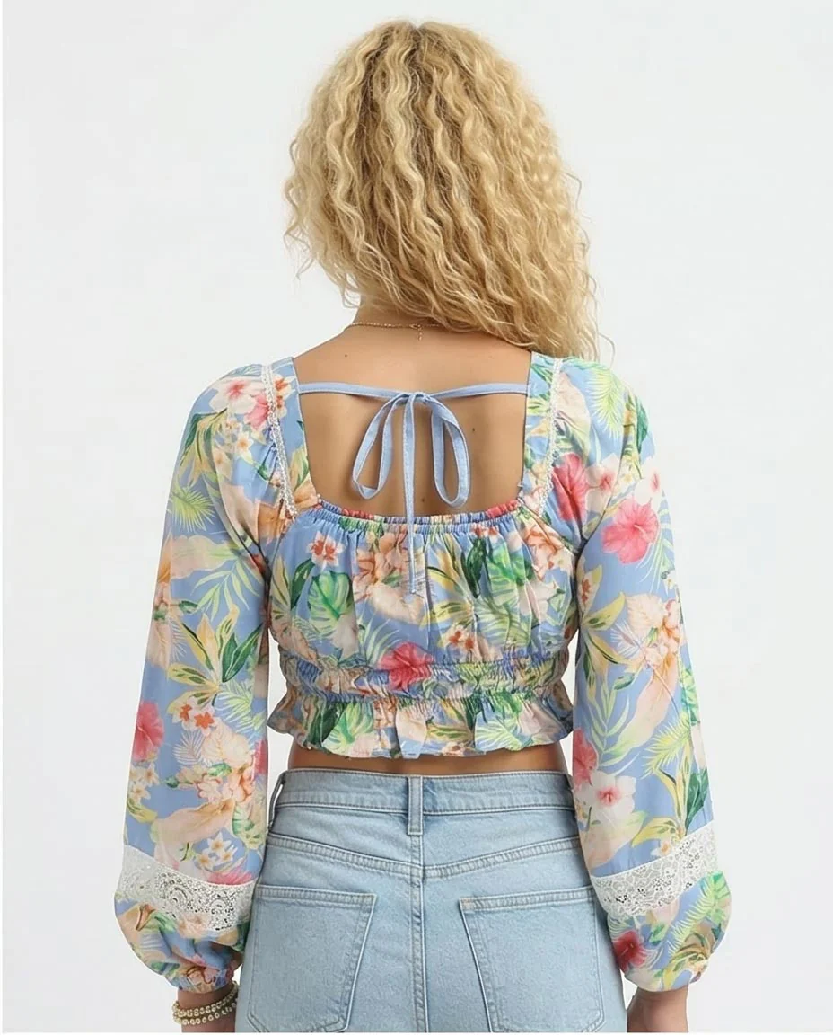 Ravin Tropical Floral Smocked Crop Top with Lace-Detail Balloon Sleeves - o193476 - Image 2
