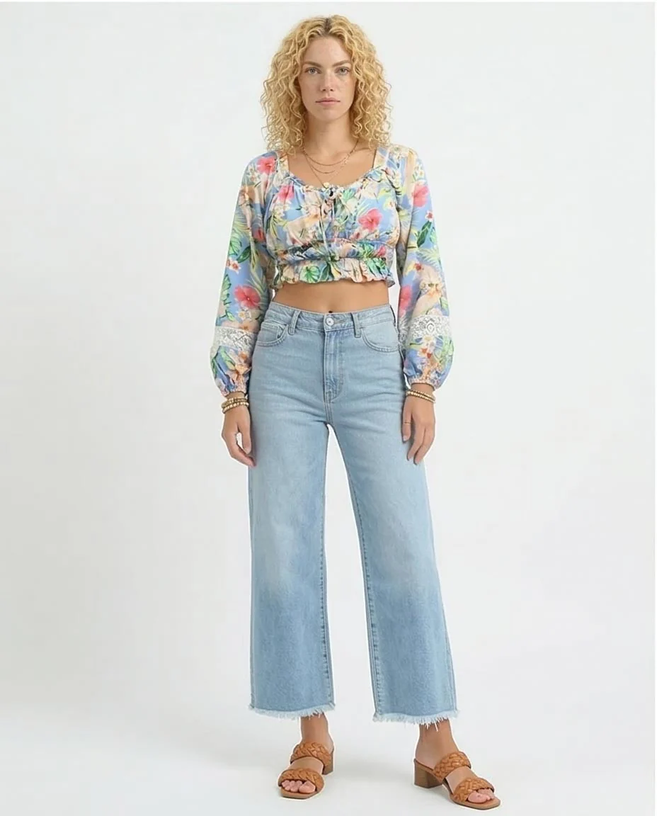 Ravin Tropical Floral Smocked Crop Top with Lace-Detail Balloon Sleeves - o193476 - Image 3