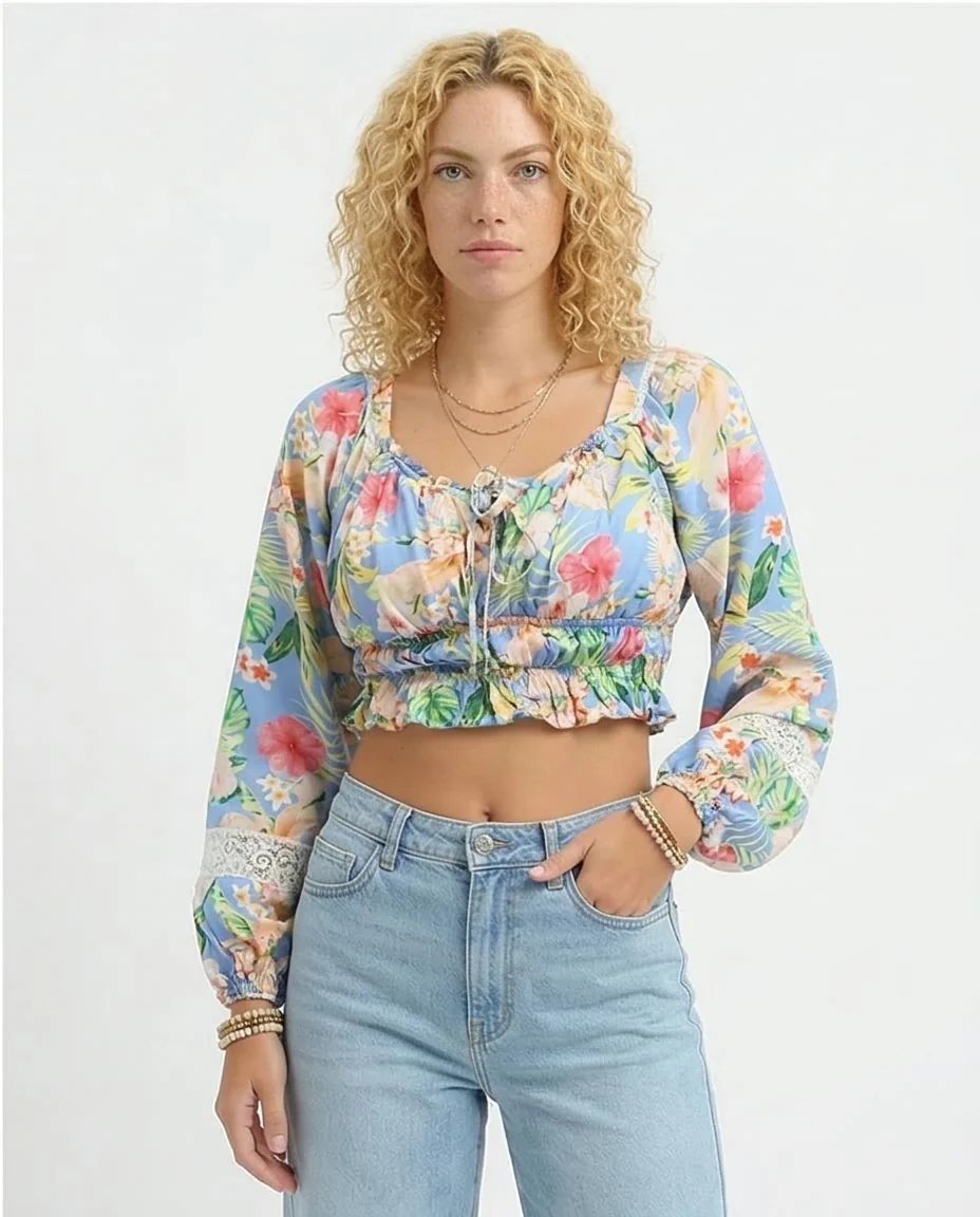 Ravin Tropical Floral Smocked Crop Top with Lace-Detail Balloon Sleeves - o193476 - Image 5