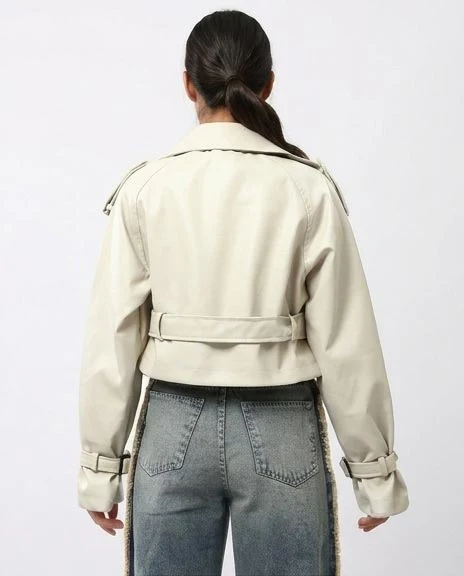 Ravin Cropped Faux-Leather Trench Jacket with Belted Waist and Cuffs – Cream - O194906 - Image 2