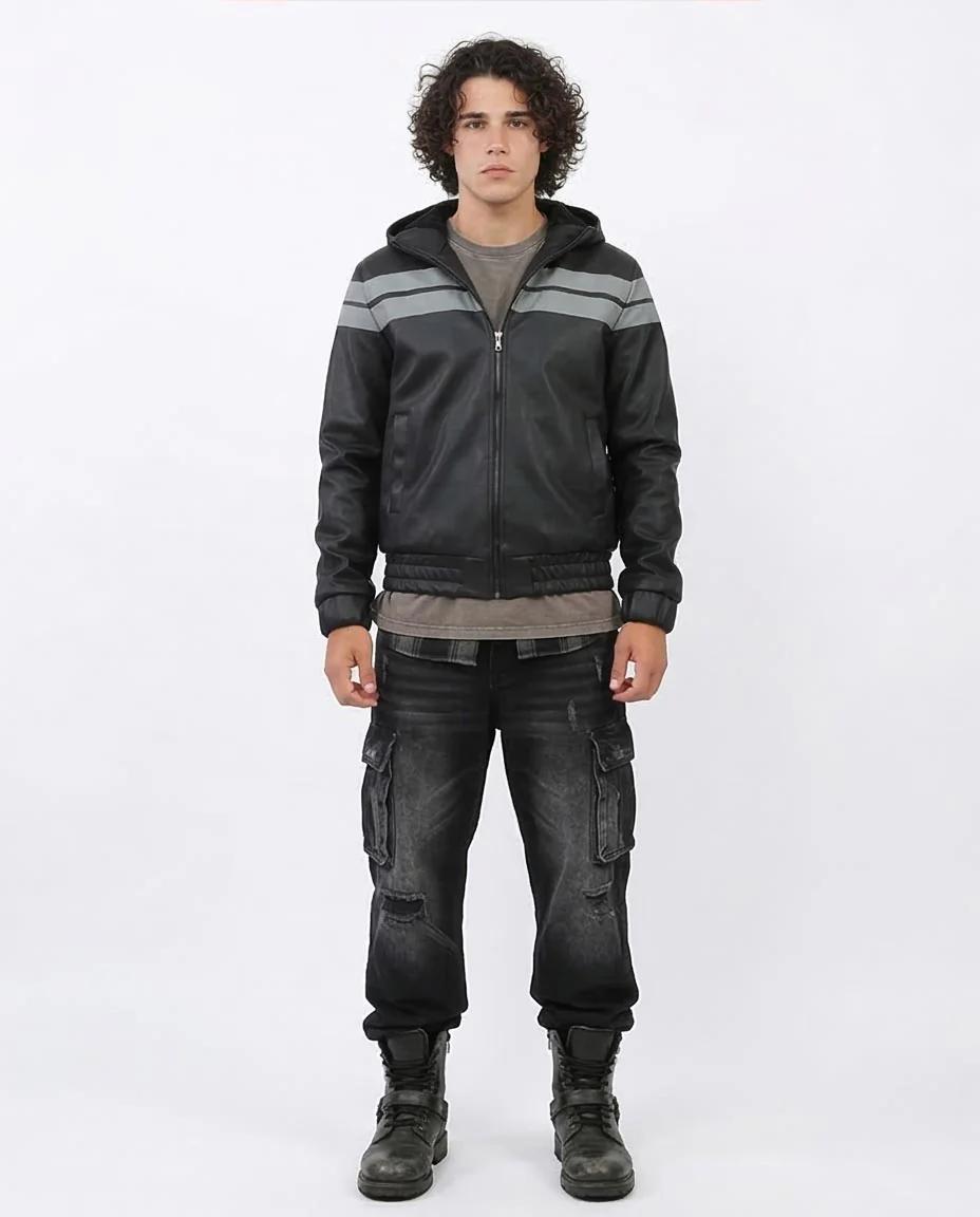 Ravin Men’s Hooded Faux-Leather Bomber Jacket with Contrast Racing Stripes - Black - o197486 - Image 3