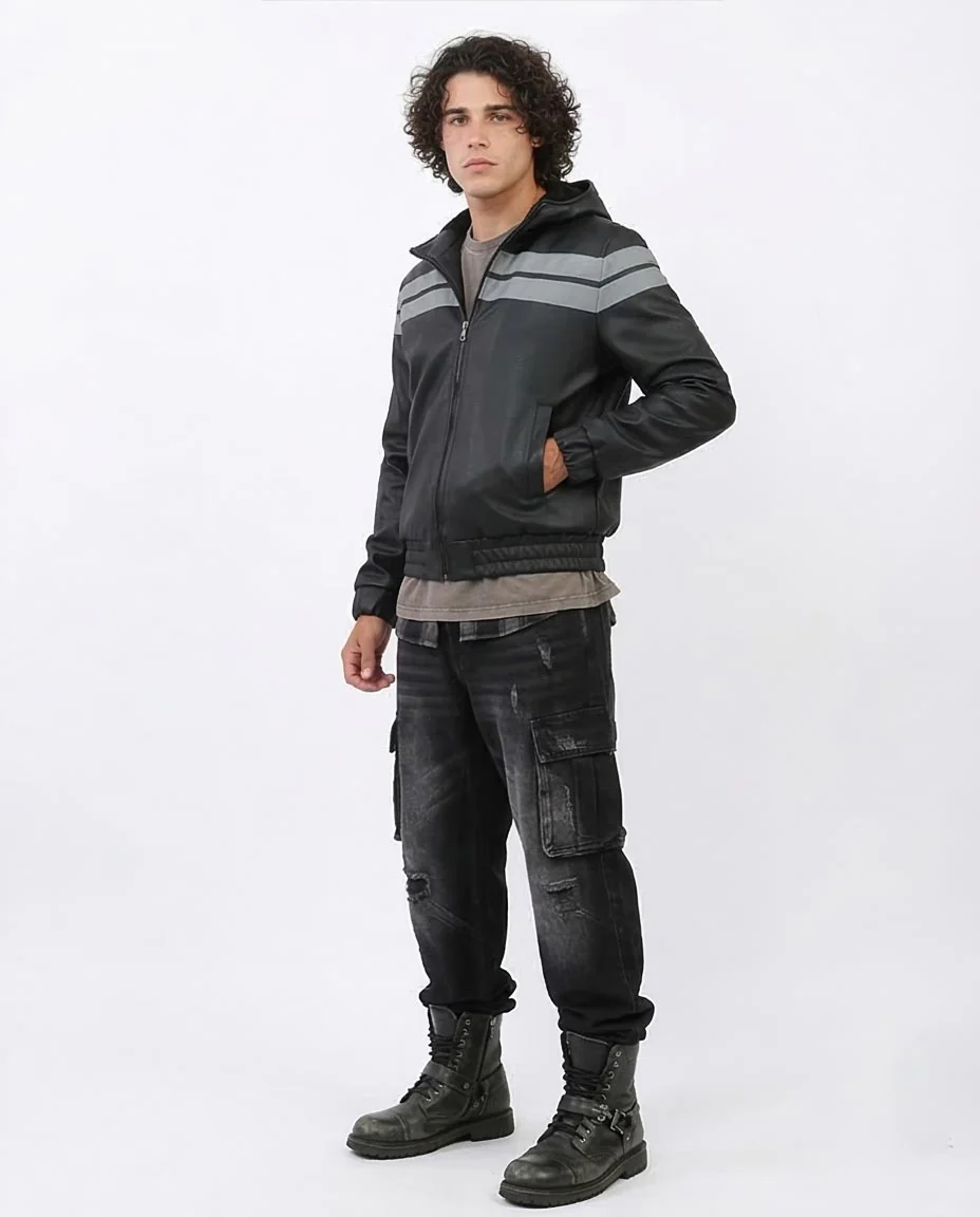 Ravin Men’s Hooded Faux-Leather Bomber Jacket with Contrast Racing Stripes - Black - o197486 - Image 5