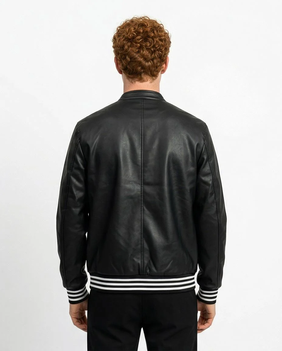 Ravin Men's Faux-Leather Varsity Bomber Jacket with Striped Ribbing - Black - O197488 - Image 2