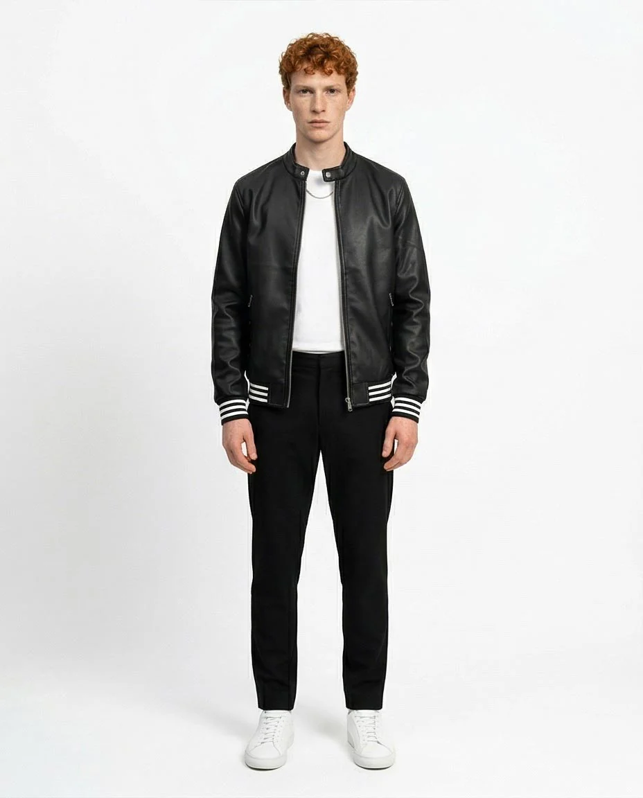 Ravin Men's Faux-Leather Varsity Bomber Jacket with Striped Ribbing - Black - O197488 - Image 3