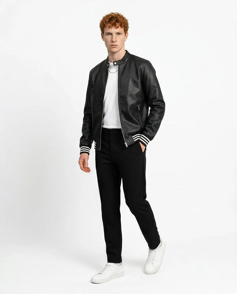 Ravin Men's Faux-Leather Varsity Bomber Jacket with Striped Ribbing - Black - O197488 - Image 4