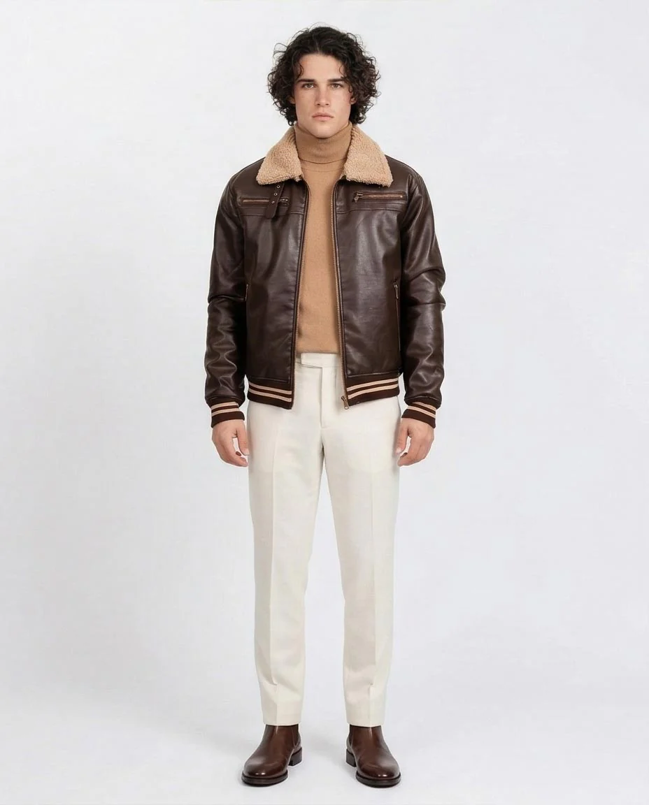 Ravin Men's Sherpa-Lined Faux Leather Aviator Bomber Jacket - Chocolate Brown - O197934 - Image 4