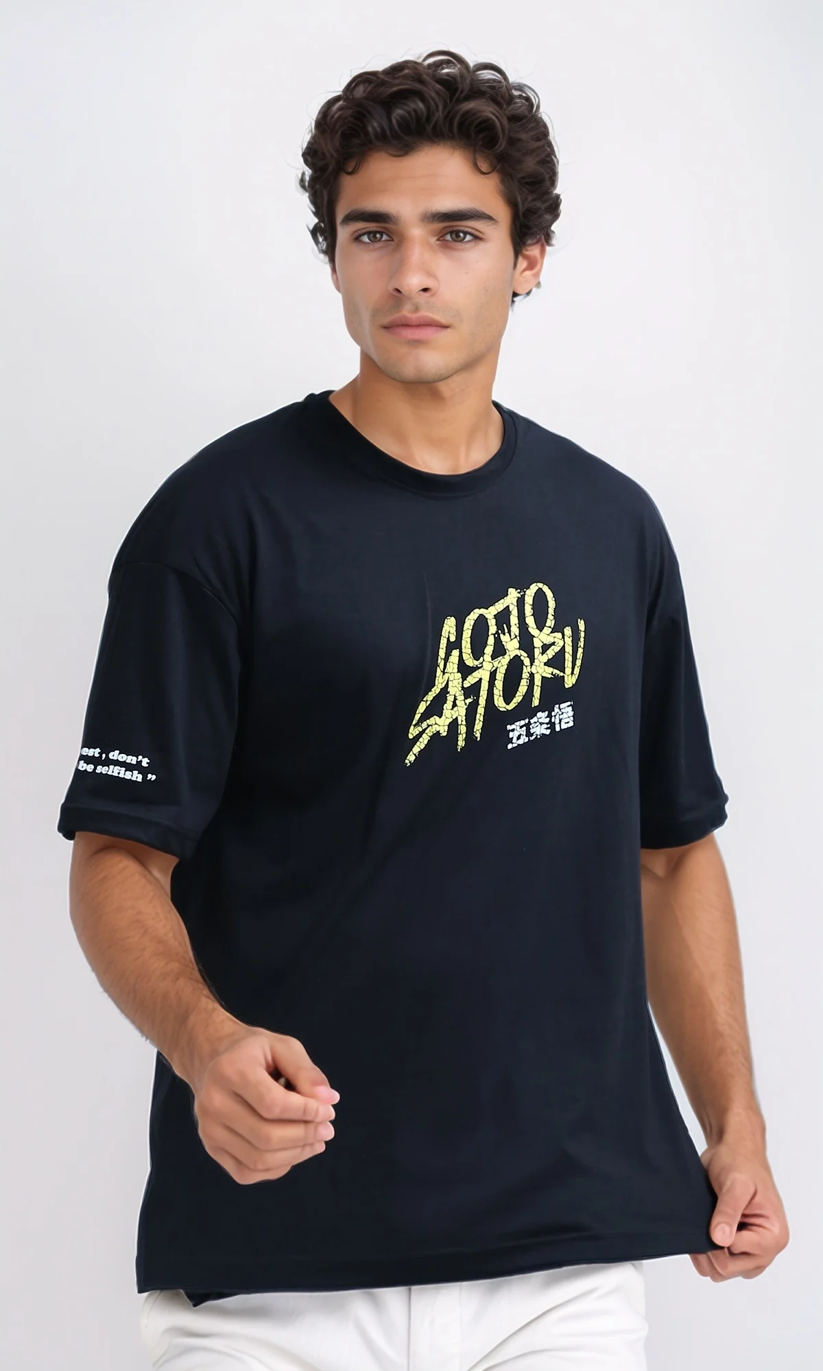 O198307 - Front & Back Printed Tee with Elbow Sleeves - Black - Image 2