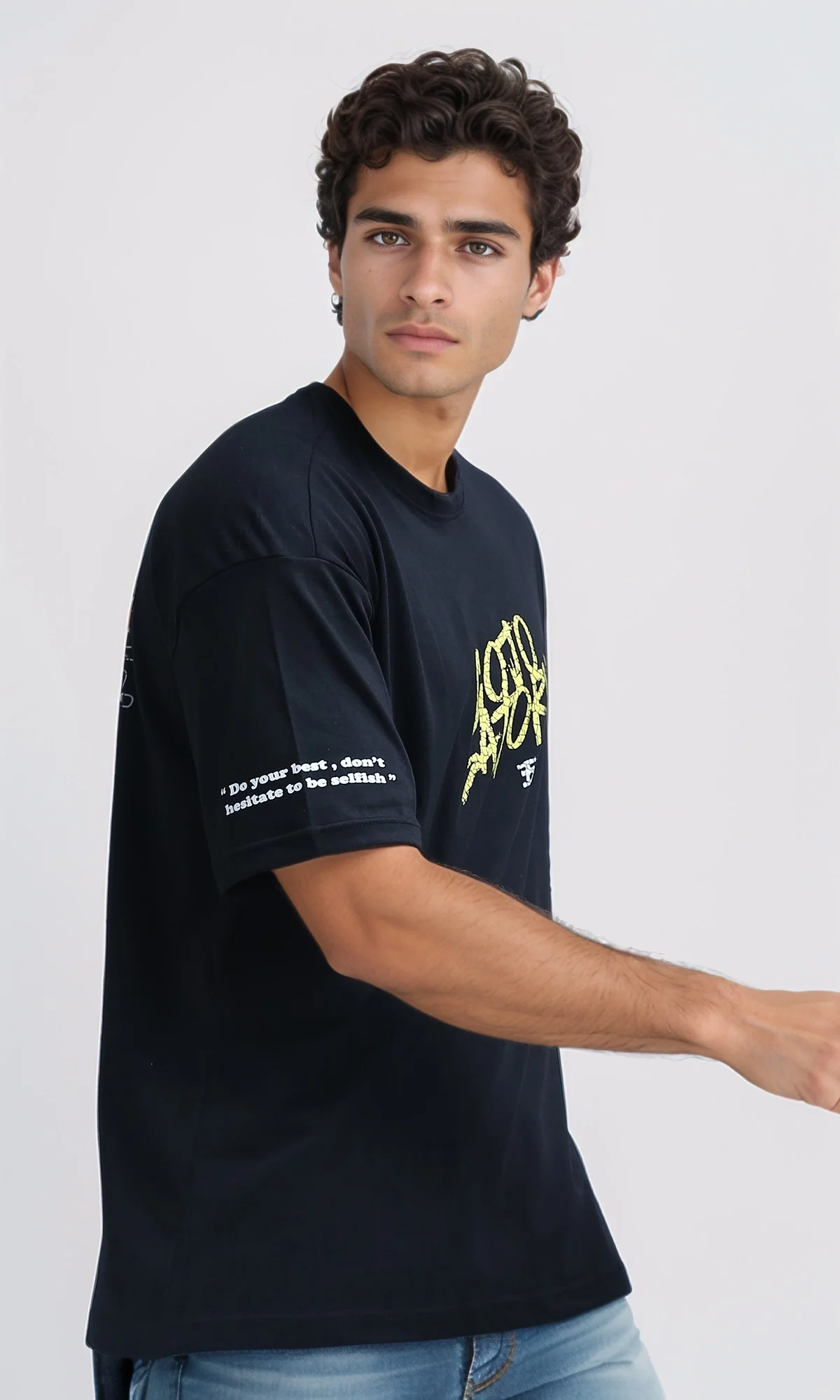 O198307 - Front & Back Printed Tee with Elbow Sleeves - Black - Image 3