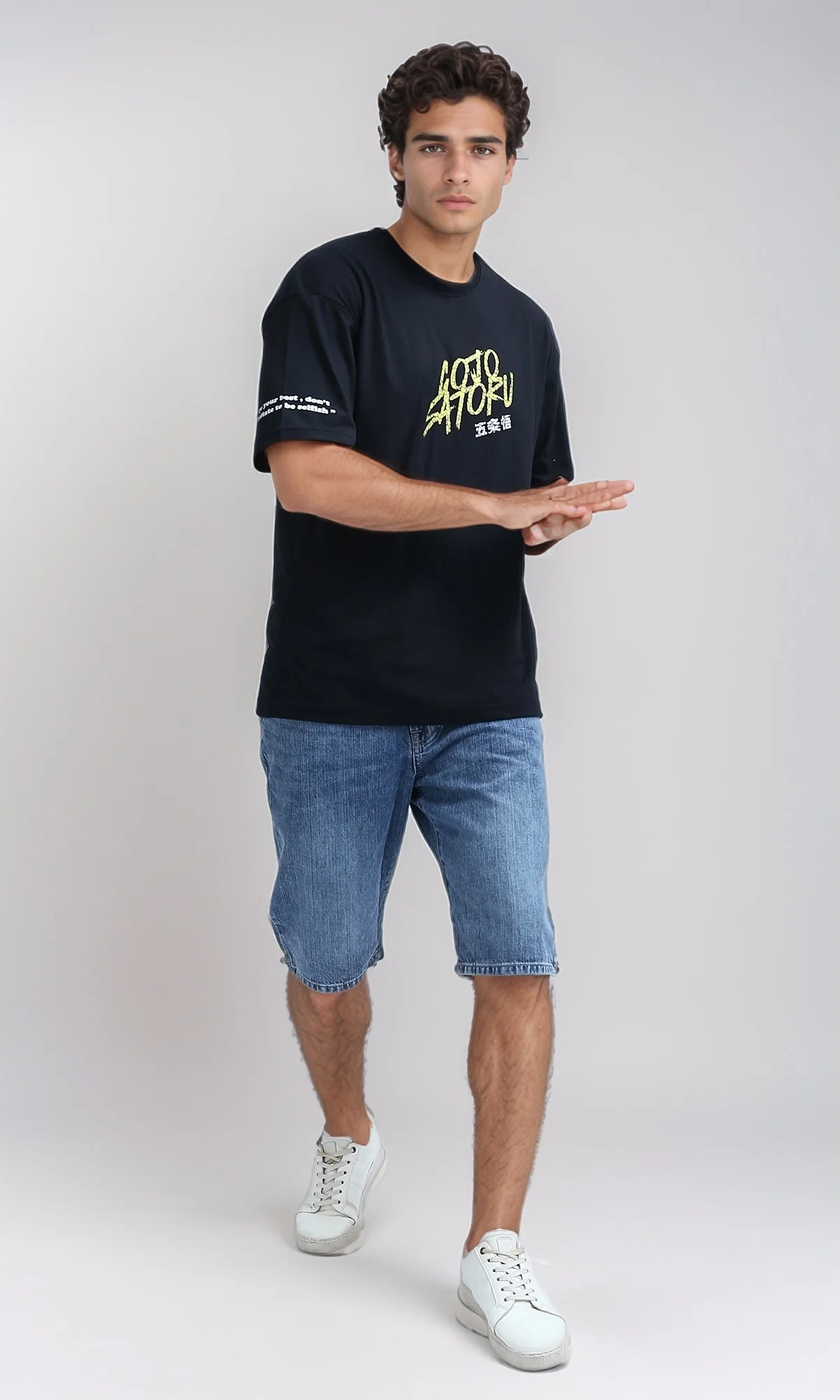 O198307 - Front & Back Printed Tee with Elbow Sleeves - Black - Image 6