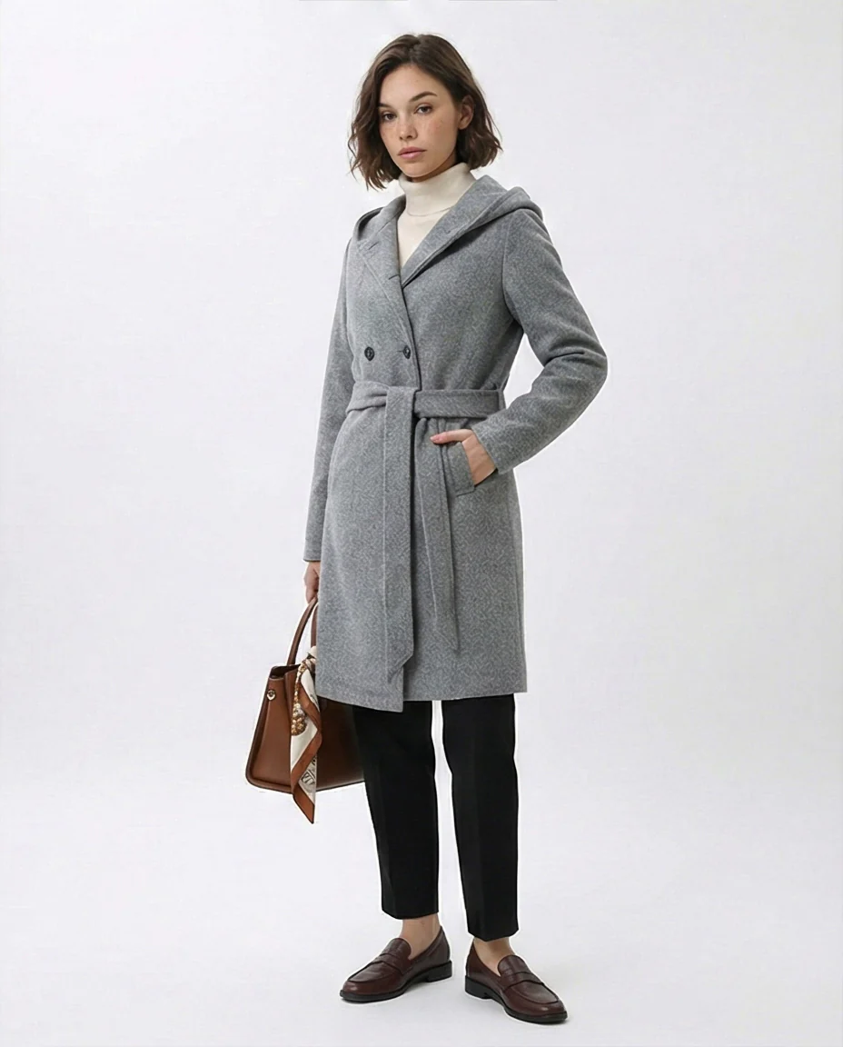 Heather Grey Hooded Belted Wrap Coat - O199192 - Image 5