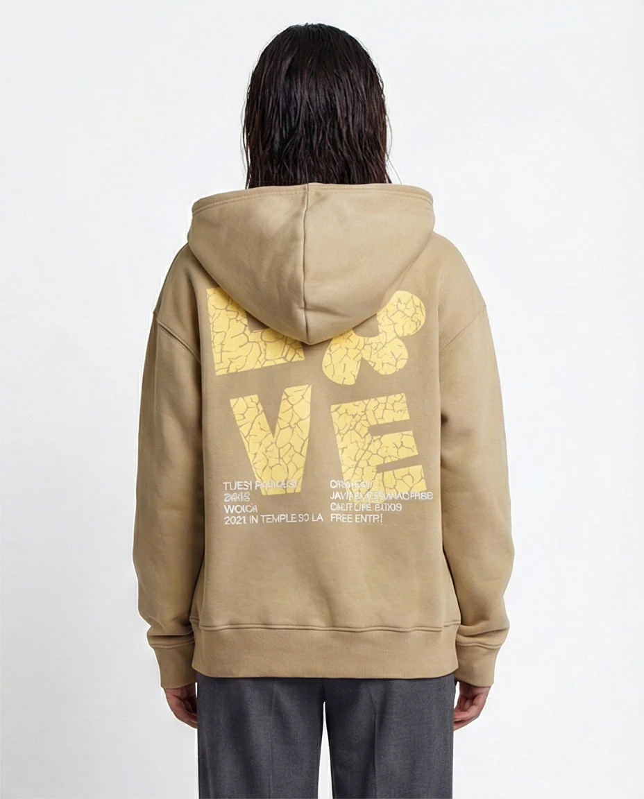 O199201 - Printed Hooded Neck with Drawstring Beige Hoodie - Image 2