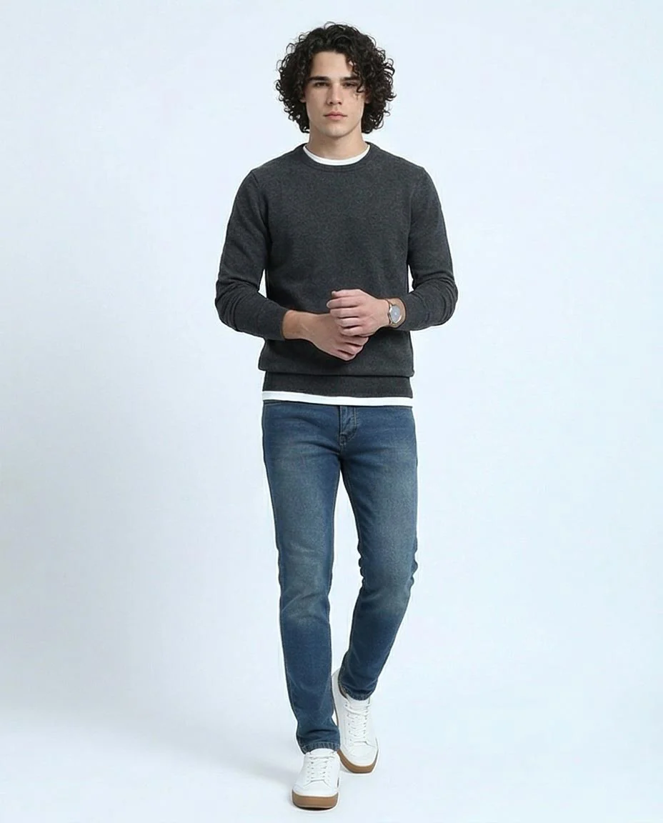 Blue Slim Leg Jeans - Solid Cotton Denim Pants for Men - Image 4