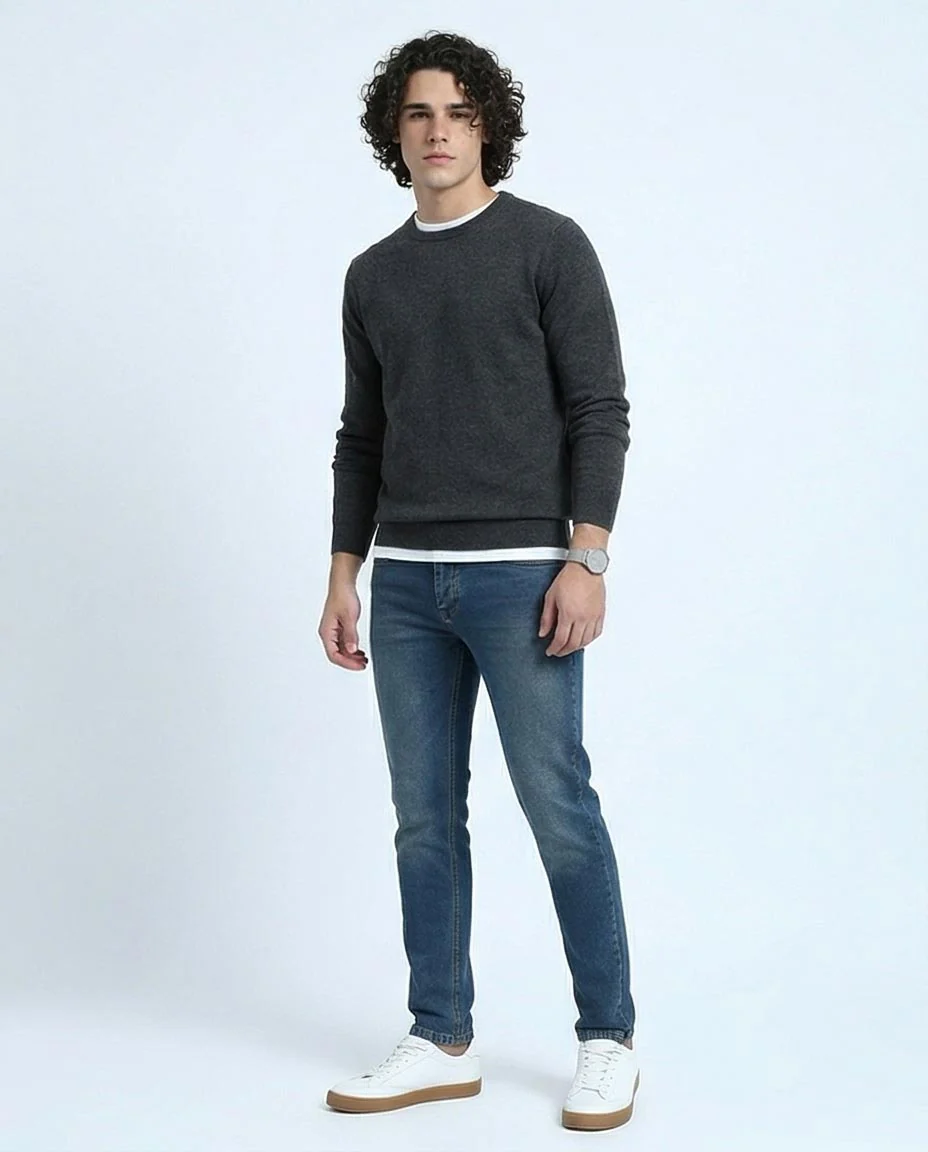 Blue Slim Leg Jeans - Solid Cotton Denim Pants for Men - Image 5