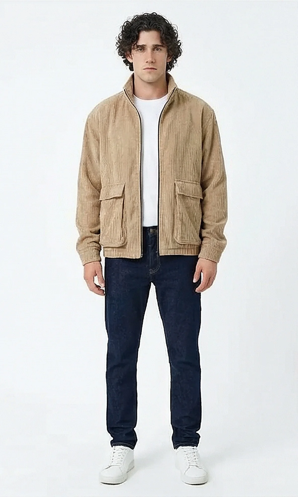 Men's Tan Corduroy Utility Bomber Jacket - O199943 - Image 3