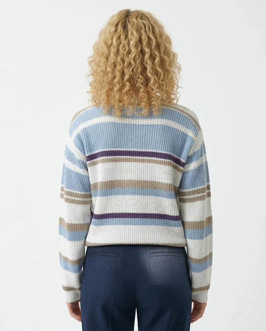 Ravin Women's Relaxed Mock-Neck Striped Knit Sweater - Multi-Tone Blue & Tan - O200303 - Image 2