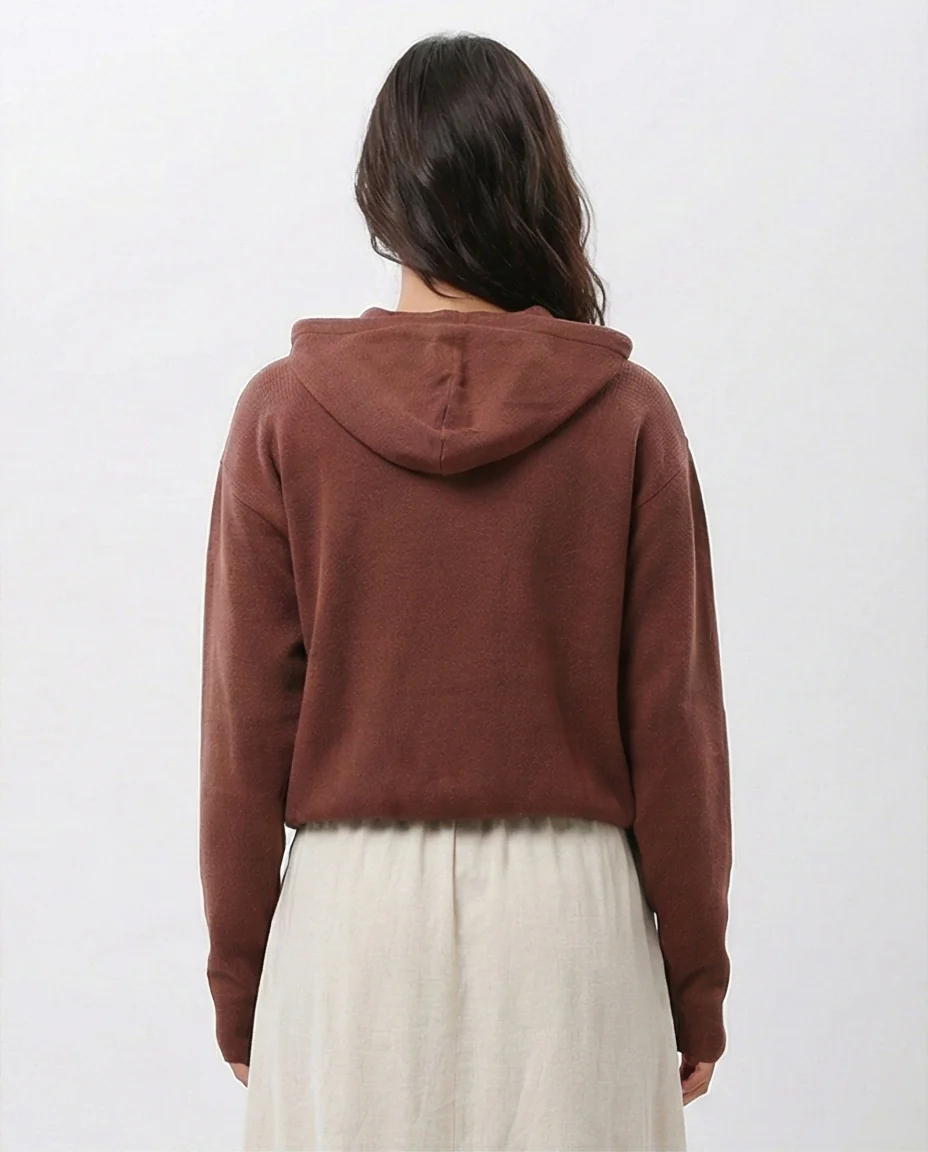 Terracotta Cinched-Hem Fine Knit Hoodie - O200388 - Image 2