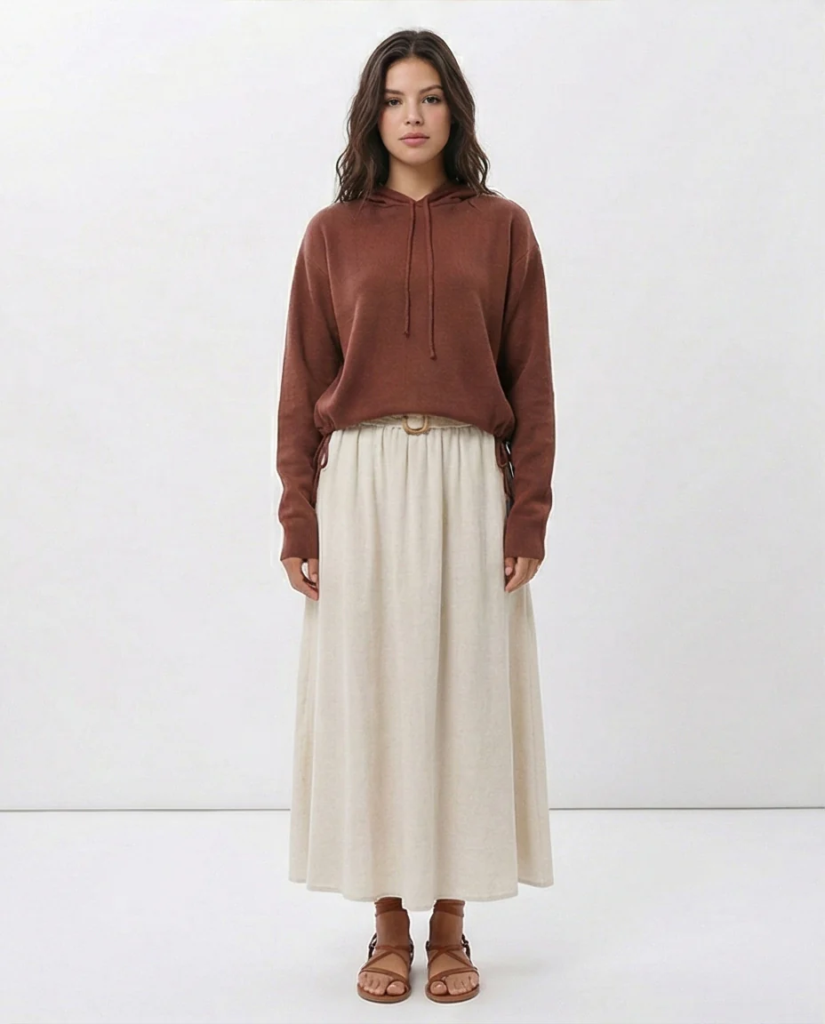 Terracotta Cinched-Hem Fine Knit Hoodie - O200388 - Image 3