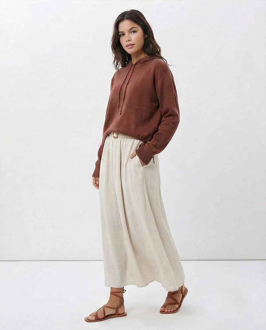 Terracotta Cinched-Hem Fine Knit Hoodie - O200388 - Image 5