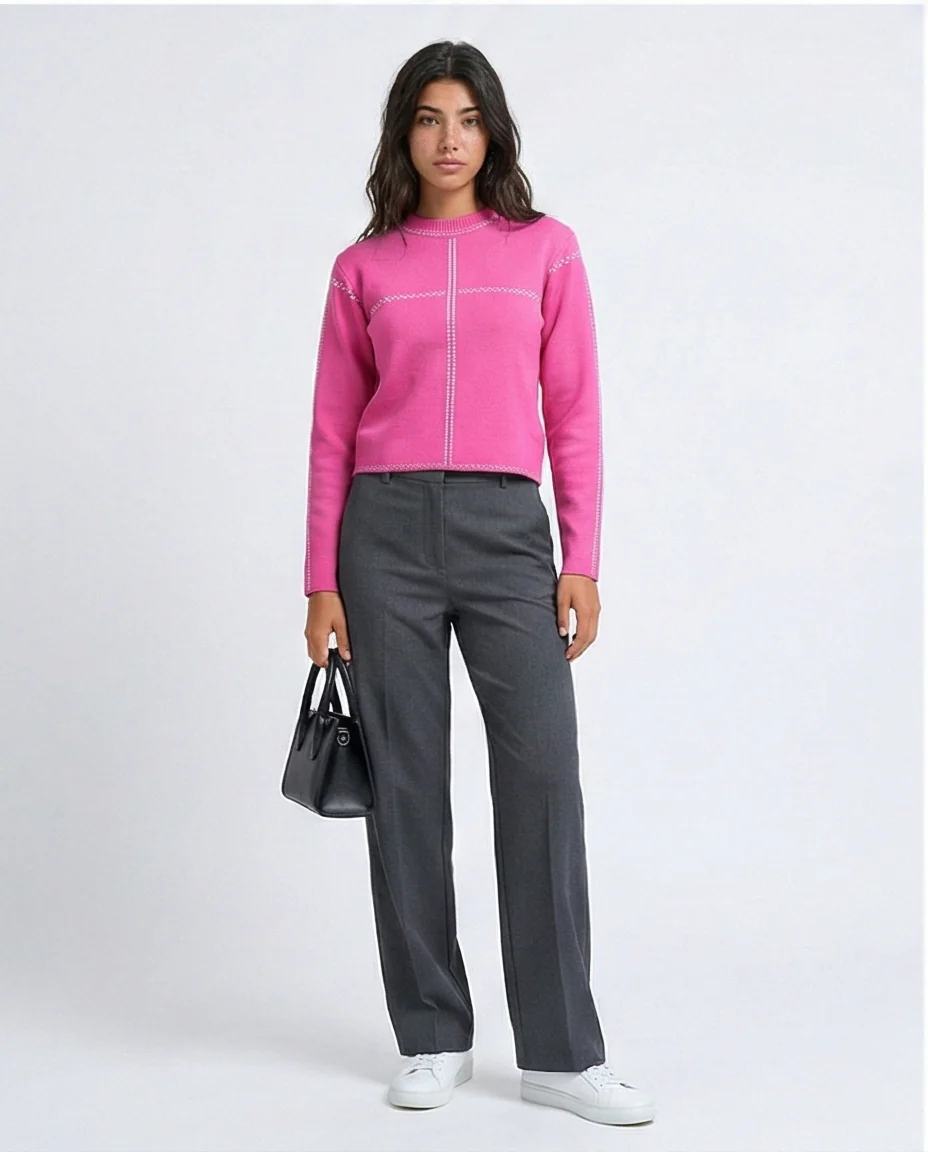 Vibrant Pink Contrast Stitch Knit Pullover - O200396 - Image 3