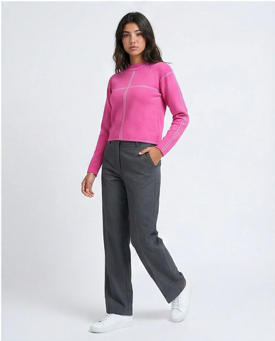 Vibrant Pink Contrast Stitch Knit Pullover - O200396 - Image 4