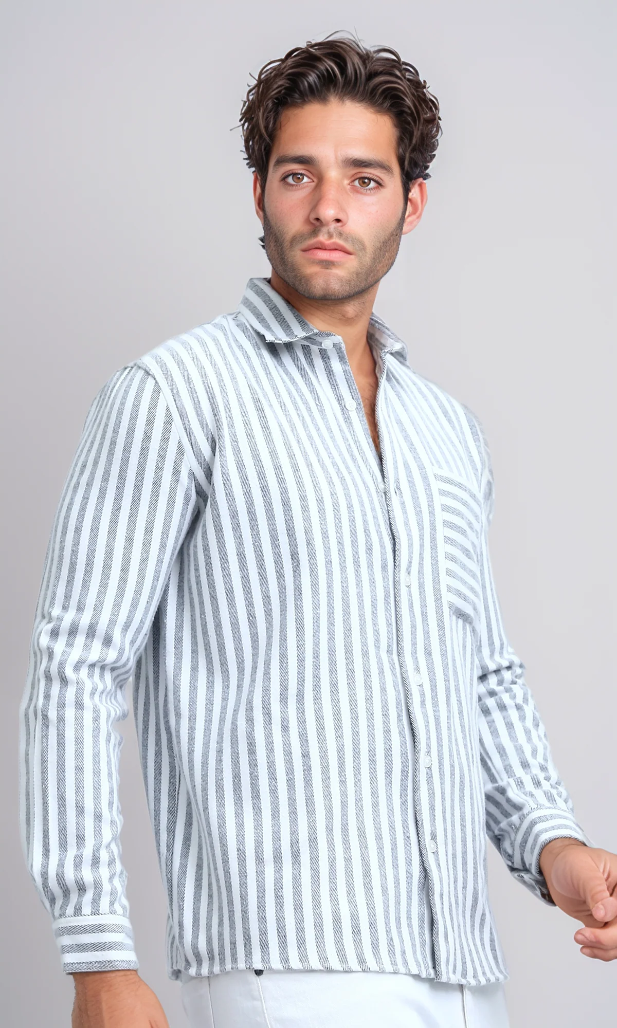 O200512 - Long Sleeve Stripes Shirt with Front Pocket - Grey & White - Image 2