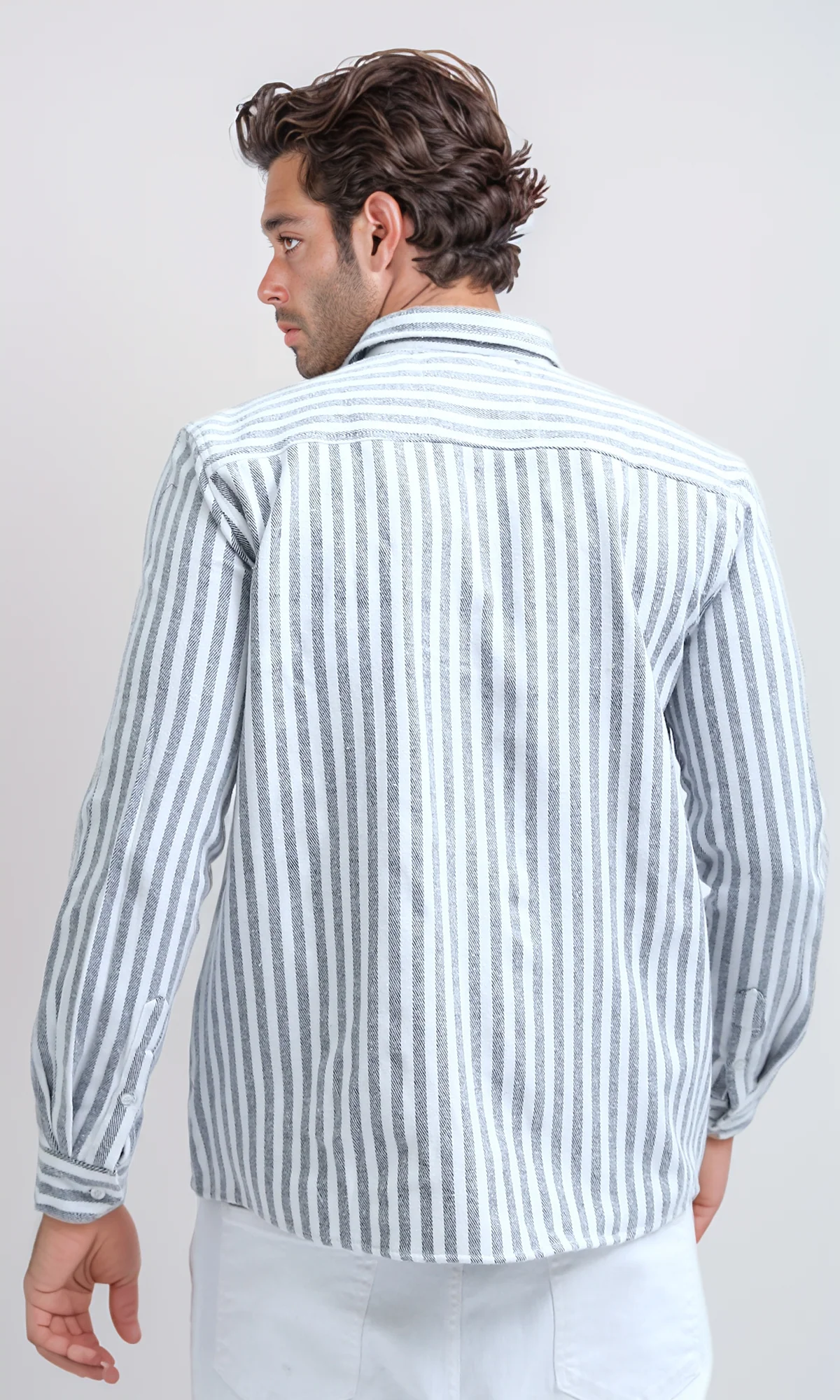 O200512 - Long Sleeve Stripes Shirt with Front Pocket - Grey & White - Image 3
