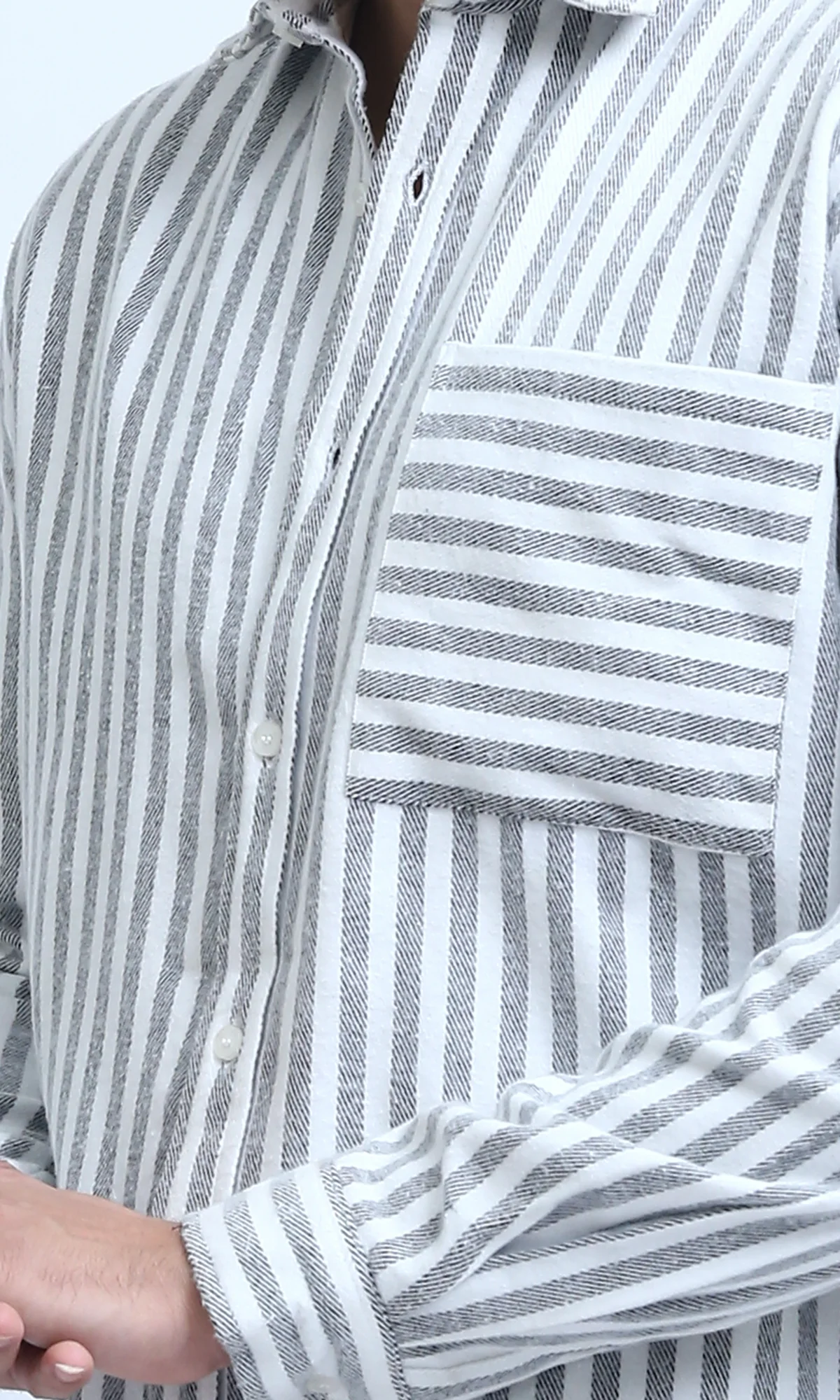 O200512 - Long Sleeve Stripes Shirt with Front Pocket - Grey & White - Image 4