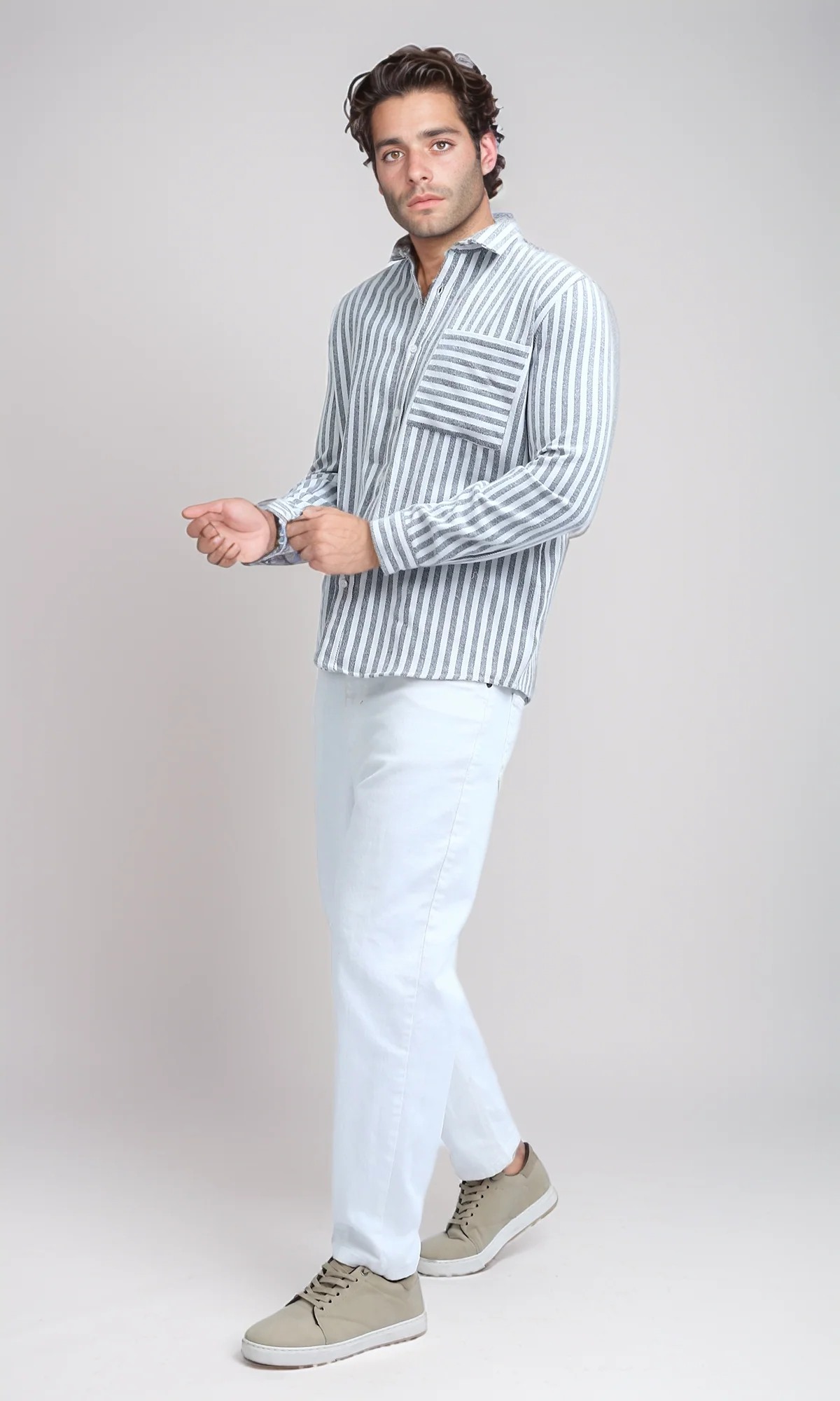 O200512 - Long Sleeve Stripes Shirt with Front Pocket - Grey & White - Image 5