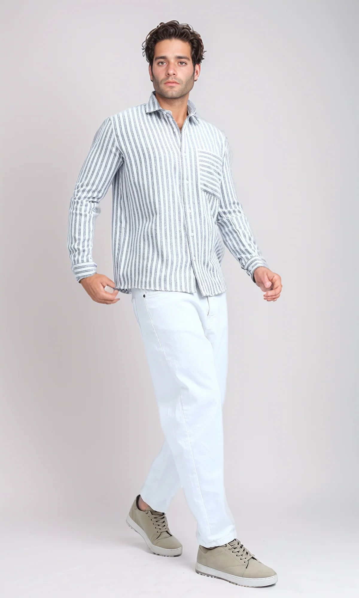 O200512 - Long Sleeve Stripes Shirt with Front Pocket - Grey & White - Image 6