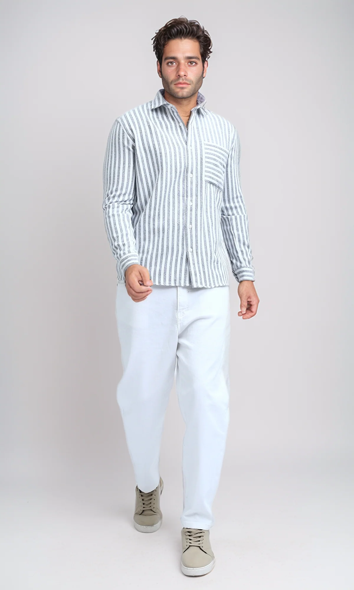 O200512 - Long Sleeve Stripes Shirt with Front Pocket - Grey & White - Image 7