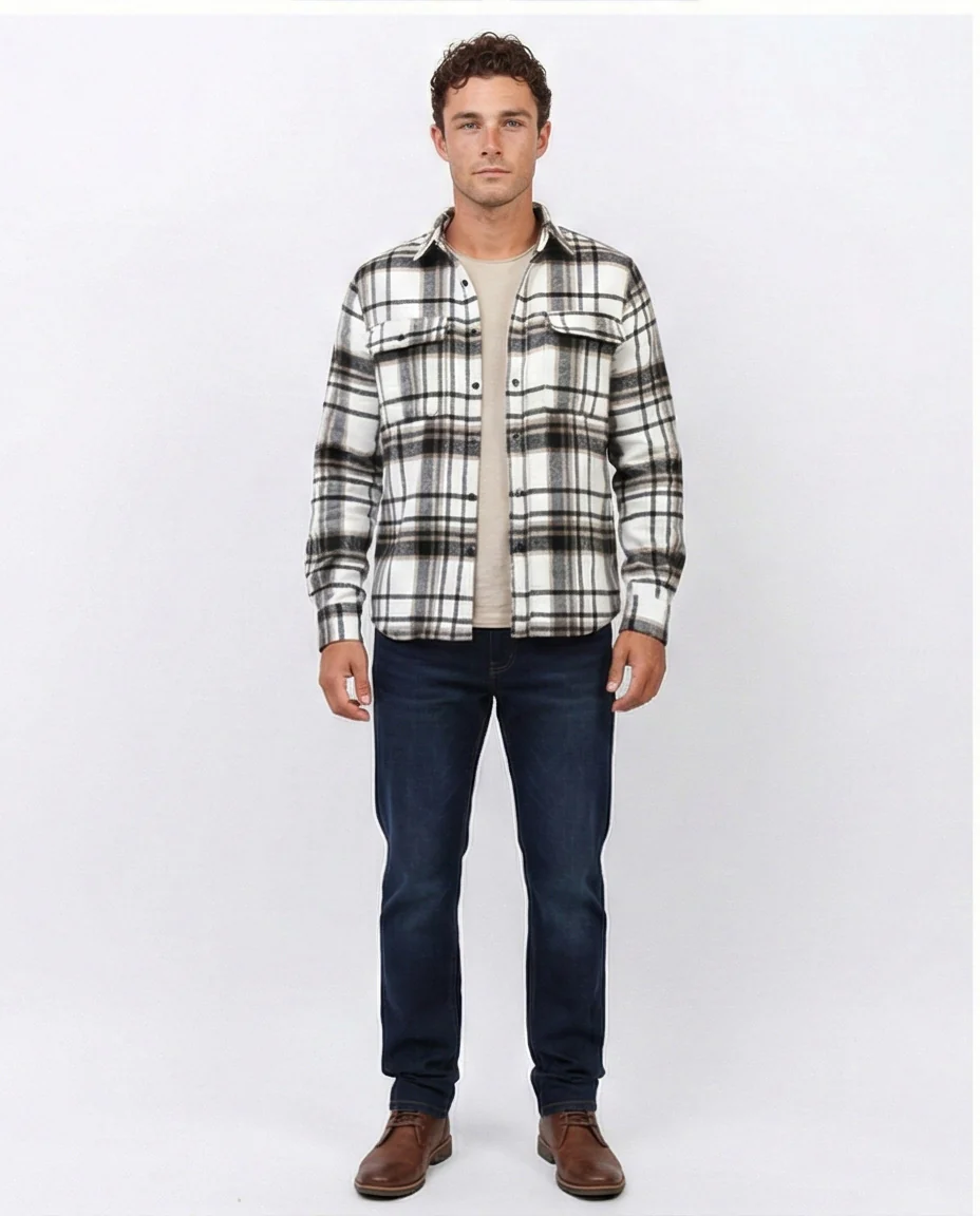 Cream & Brown Plaid Flannel Button-Down Shirt - O200613 - Image 3