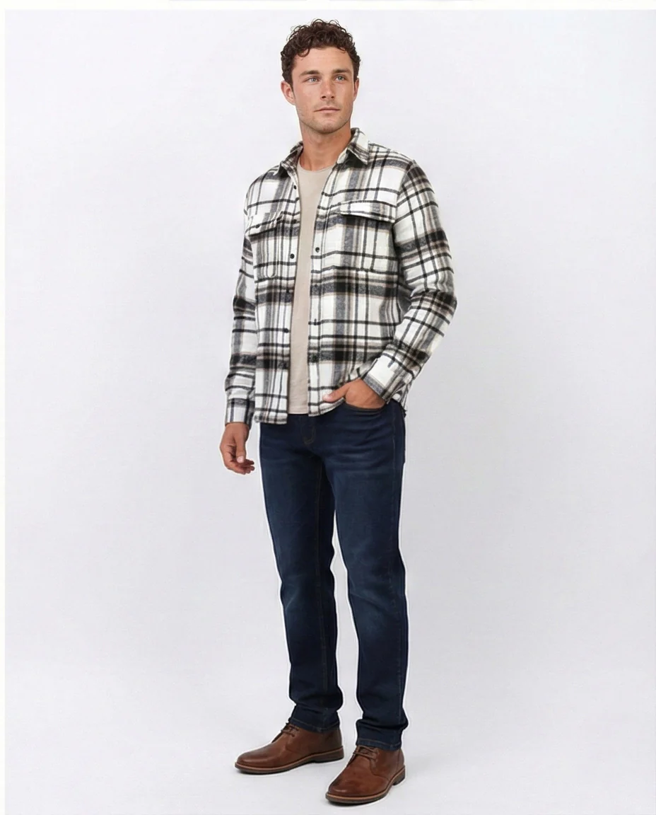 Cream & Brown Plaid Flannel Button-Down Shirt - O200613 - Image 4