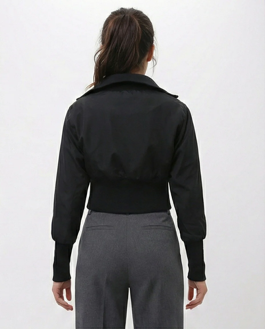 Black Cropped Ribbed Bomber Jacket - O200777 - Image 2