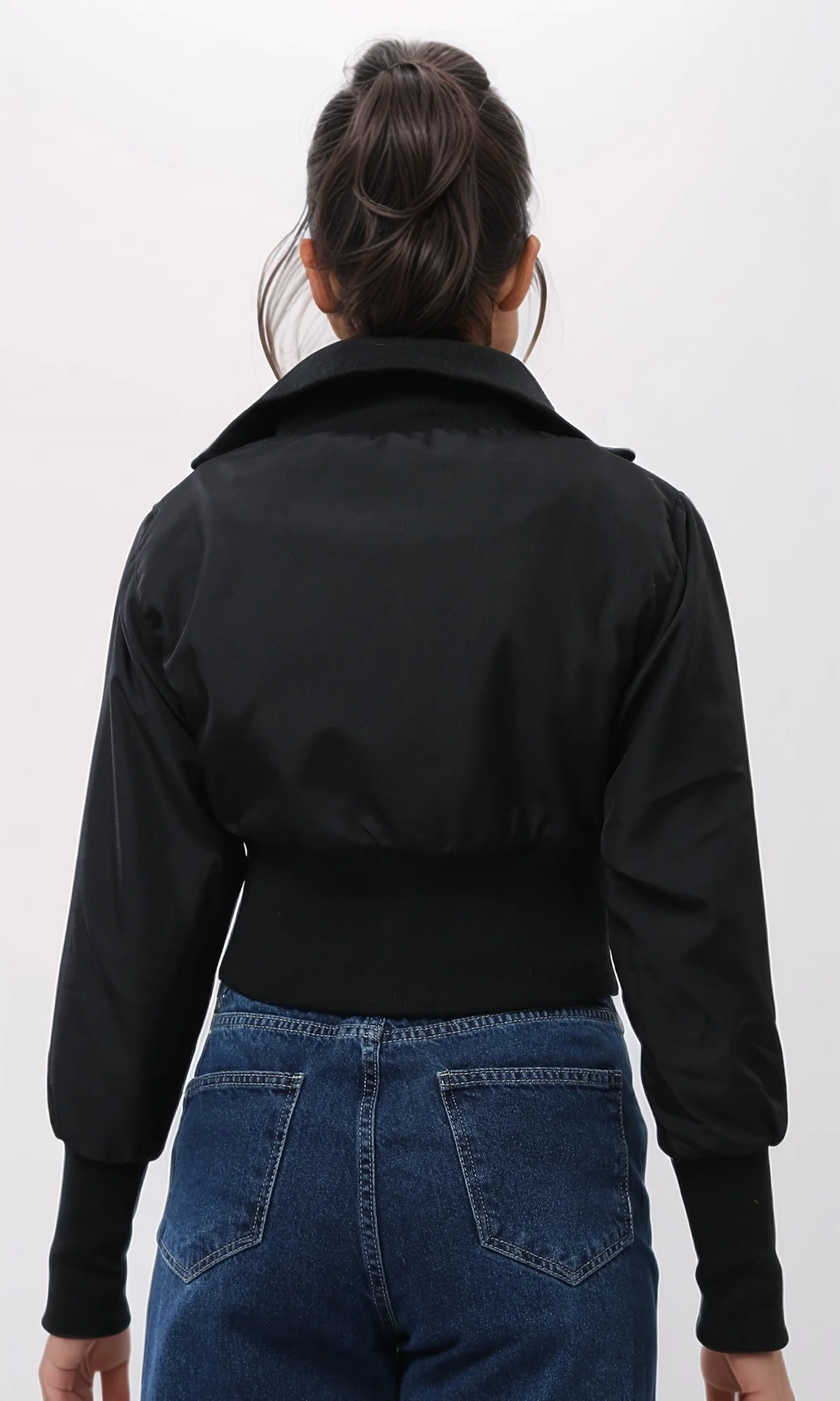 Black Cropped Ribbed Bomber Jacket - O200777 - Image 3