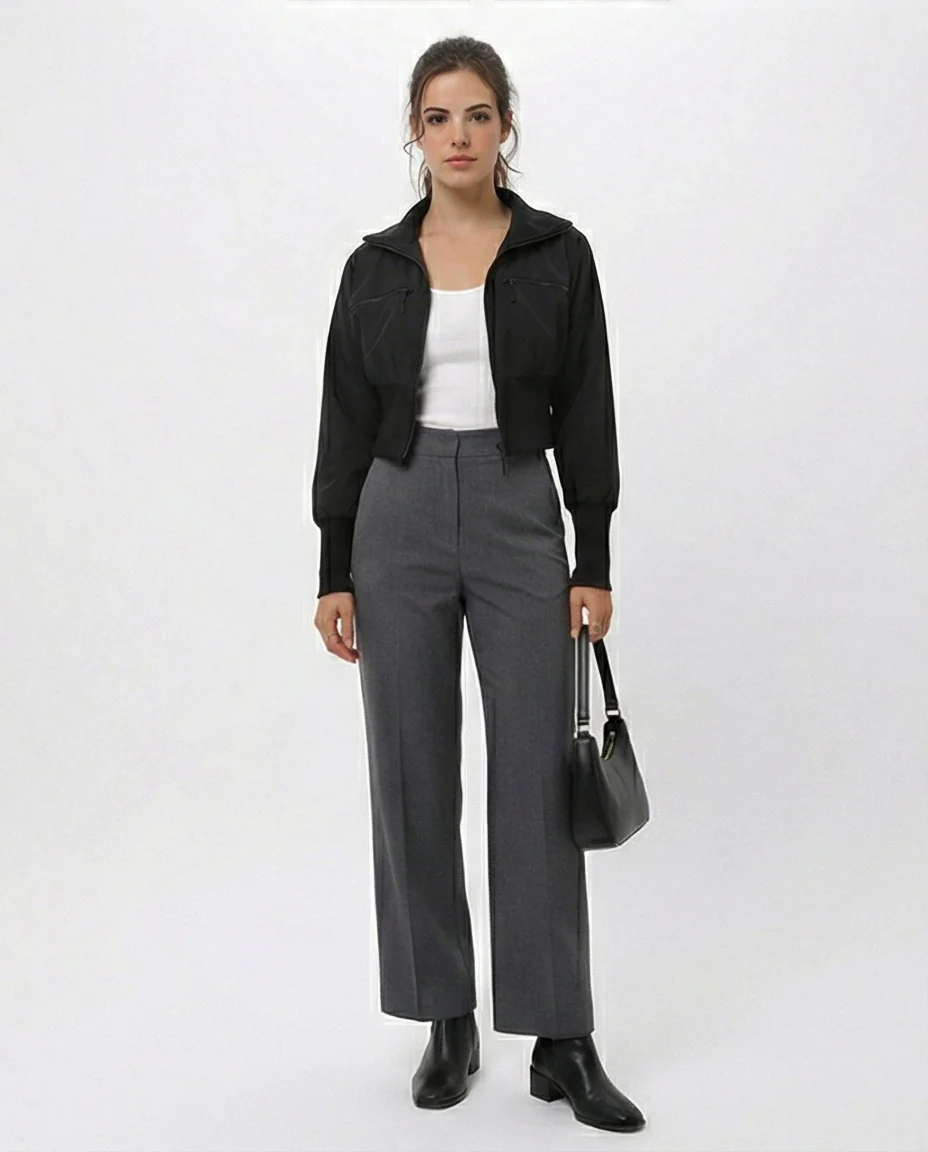 Black Cropped Ribbed Bomber Jacket - O200777 - Image 4