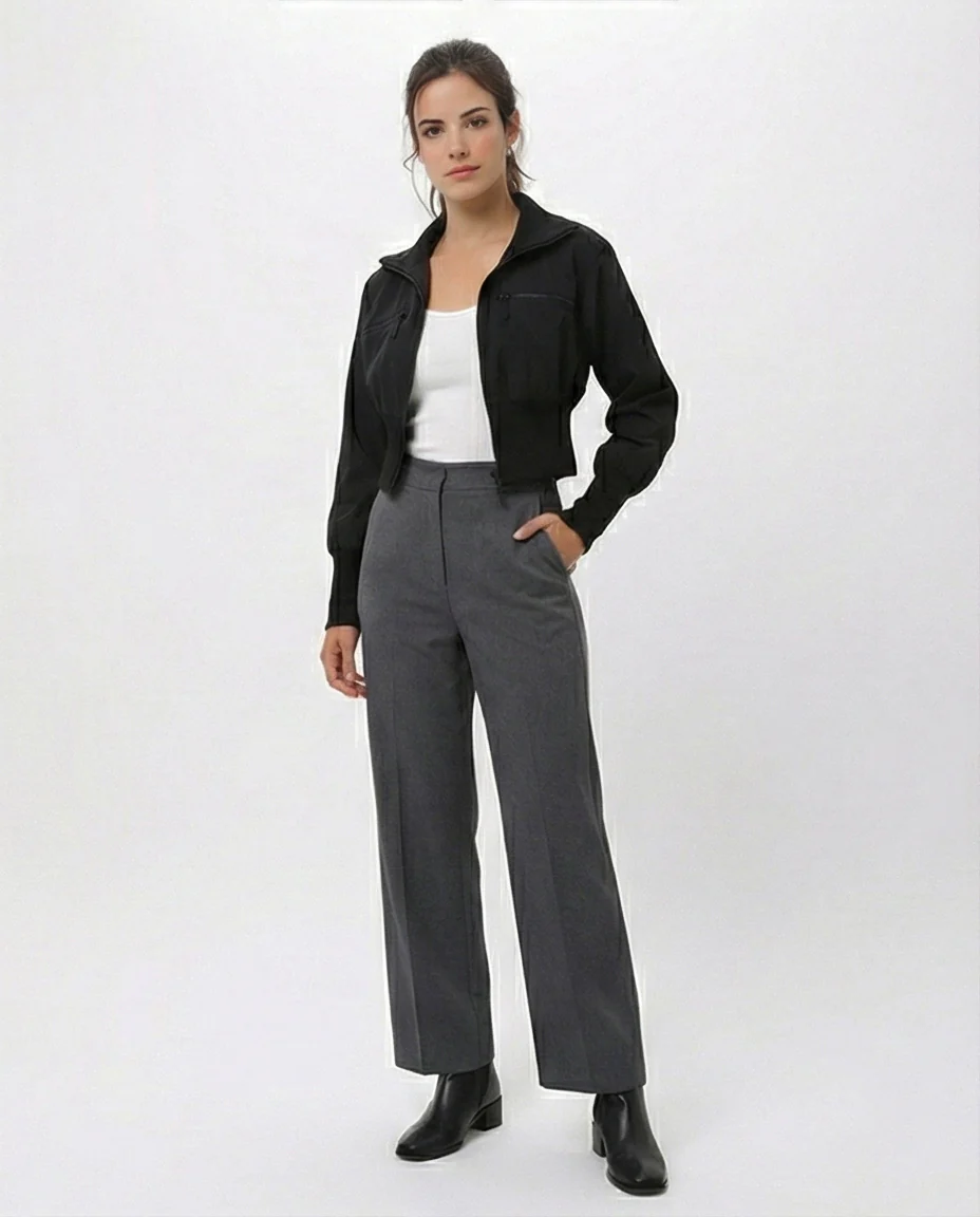 Black Cropped Ribbed Bomber Jacket - O200777 - Image 5