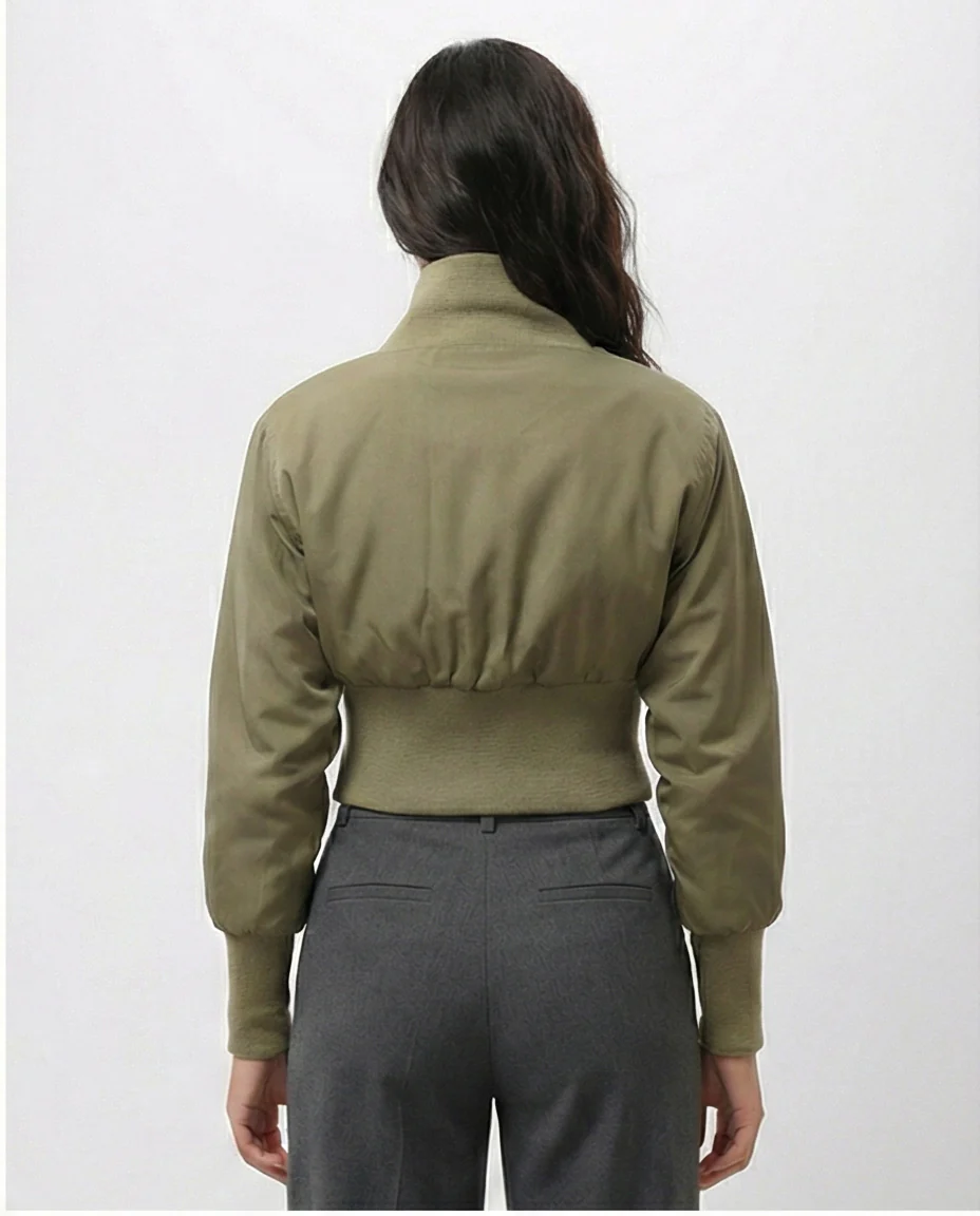 Olive Cropped Utility Bomber Jacket with Wide Ribbed Hem - O200778 - Image 2