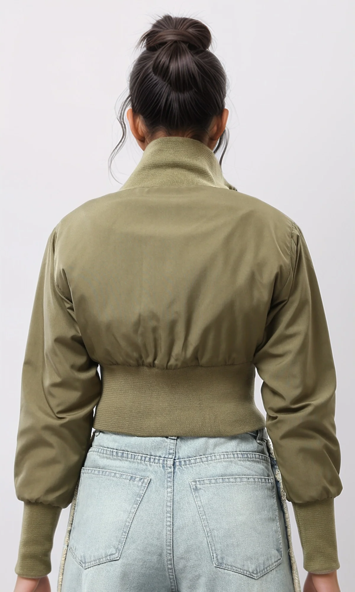 Olive Cropped Utility Bomber Jacket with Wide Ribbed Hem - O200778 - Image 3