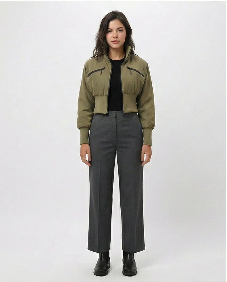 Olive Cropped Utility Bomber Jacket with Wide Ribbed Hem - O200778 - Image 4