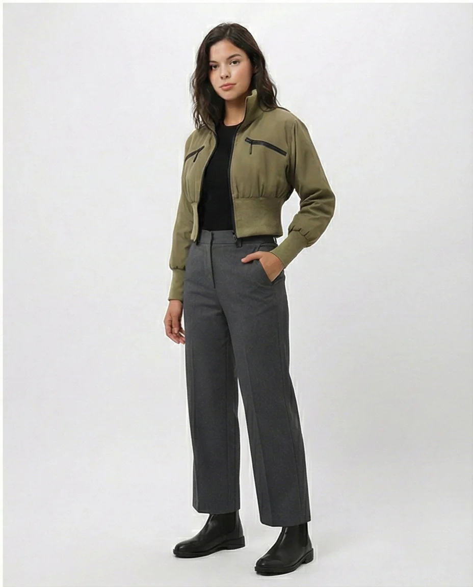 Olive Cropped Utility Bomber Jacket with Wide Ribbed Hem - O200778 - Image 5