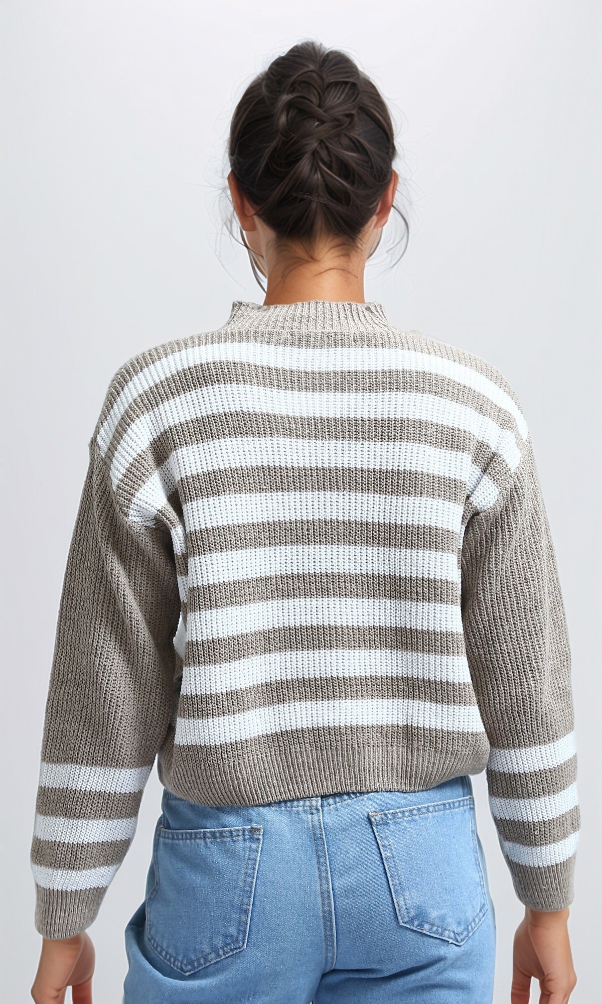 Women's Tan and White Striped Relaxed Knit Pullover - O201139 - Image 3