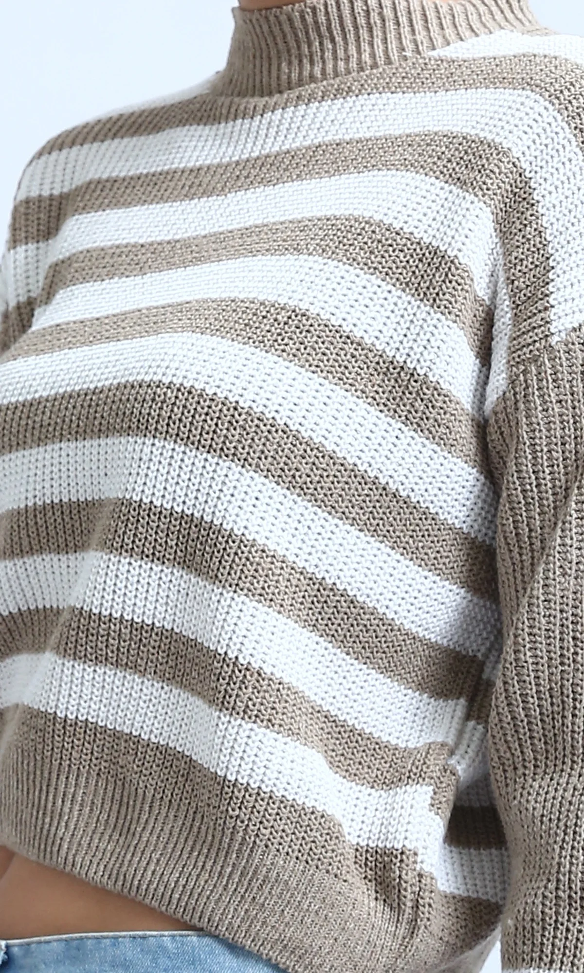 Women's Tan and White Striped Relaxed Knit Pullover - O201139 - Image 4