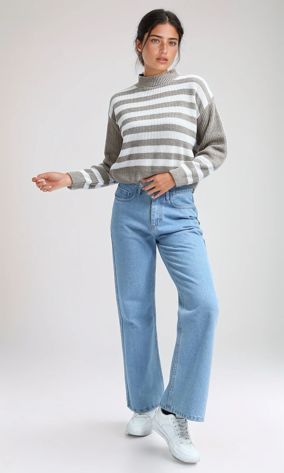 Women's Tan and White Striped Relaxed Knit Pullover - O201139 - Image 5