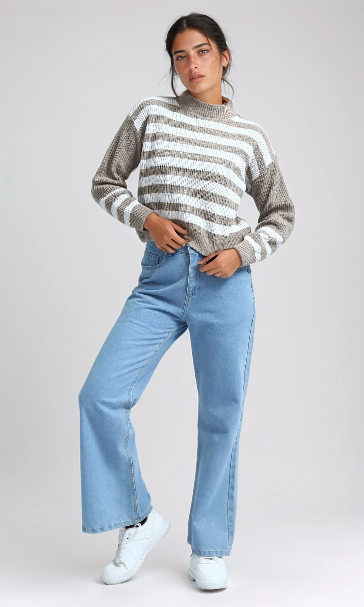 Women's Tan and White Striped Relaxed Knit Pullover - O201139 - Image 6