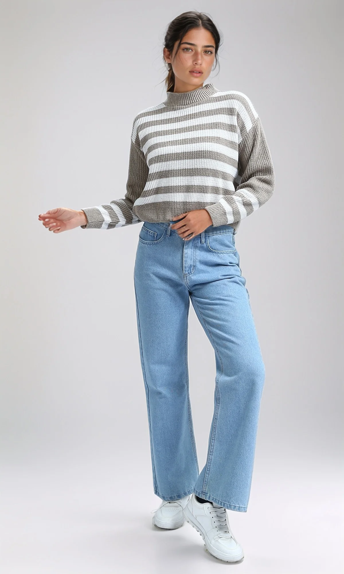 Women's Tan and White Striped Relaxed Knit Pullover - O201139 - Image 7
