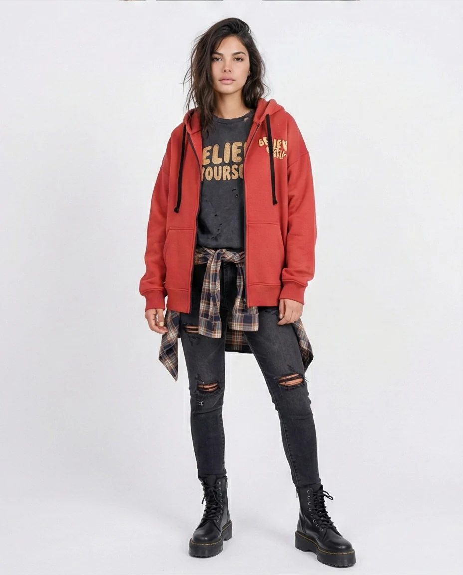 Burnt Orange Graphic Zip-Up Hoodie with Butterfly Back Print - O201146 - Image 3