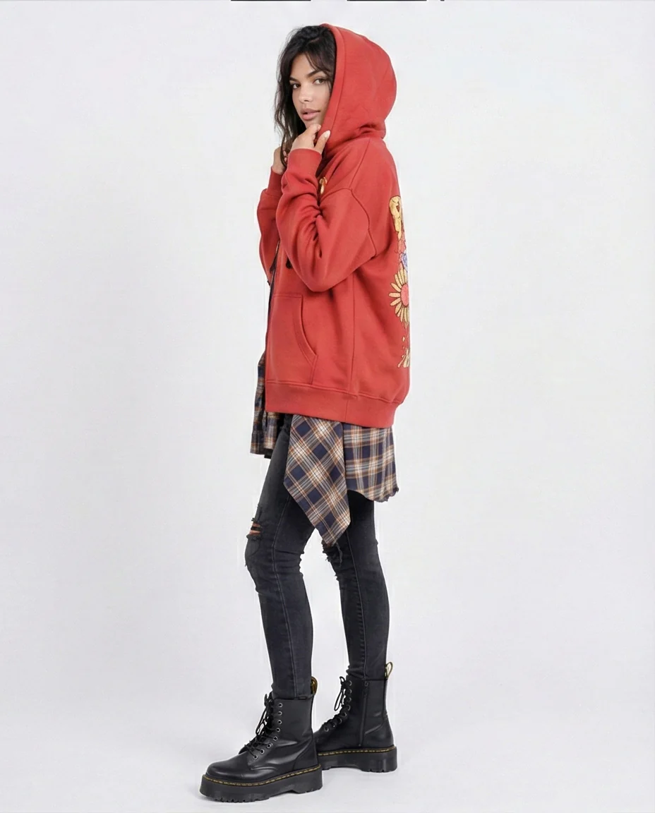Burnt Orange Graphic Zip-Up Hoodie with Butterfly Back Print - O201146 - Image 4