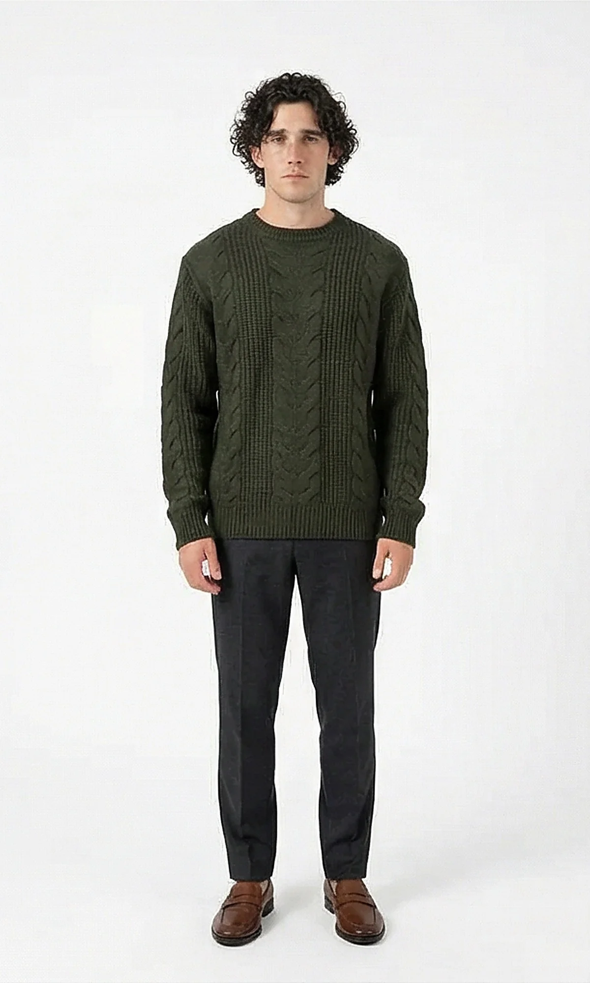 Dark Olive Heritage Cable-Knit Crewneck Pullover - O201237 - Image 3