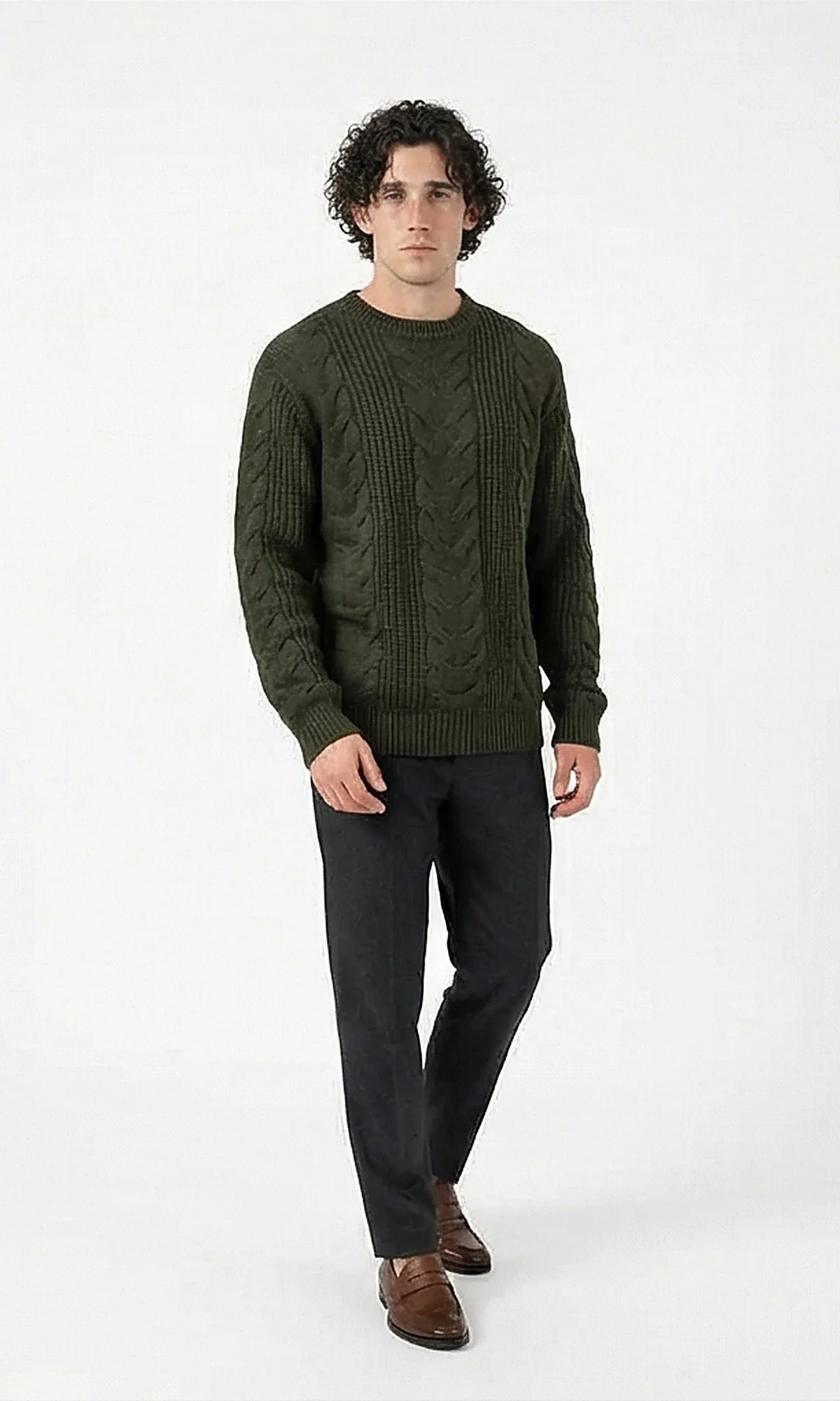 Dark Olive Heritage Cable-Knit Crewneck Pullover - O201237 - Image 4